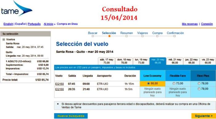 67 - TAME precio vuelo Santa Rosa - Quito ida (150514)